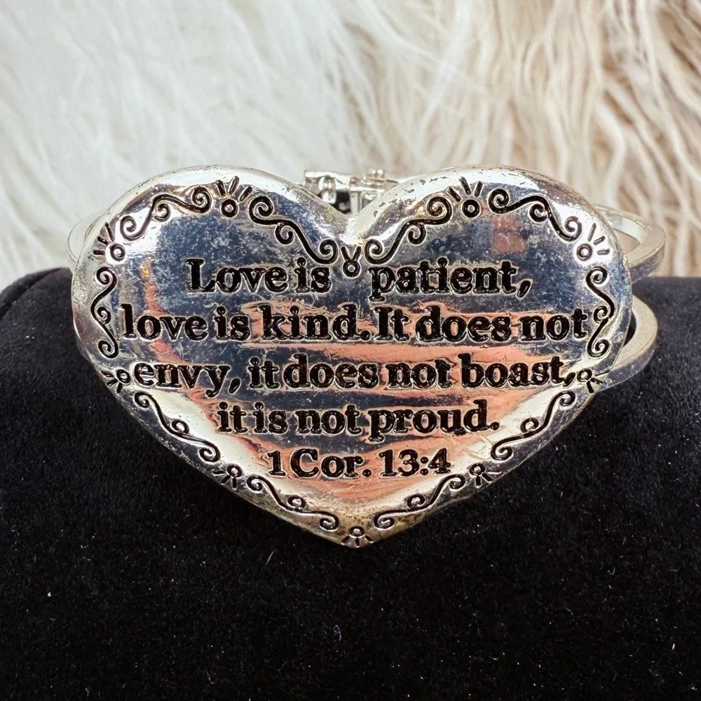 Silvertone Heart Cuff Bracelet with Inspirational Quote